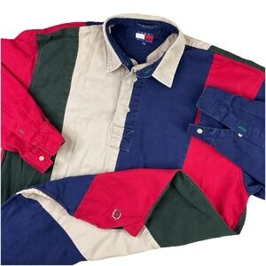 Vintage Tommy Hilfiger Polo Shirt Pullover 90s Color Block Hip Hop Retro Sz M